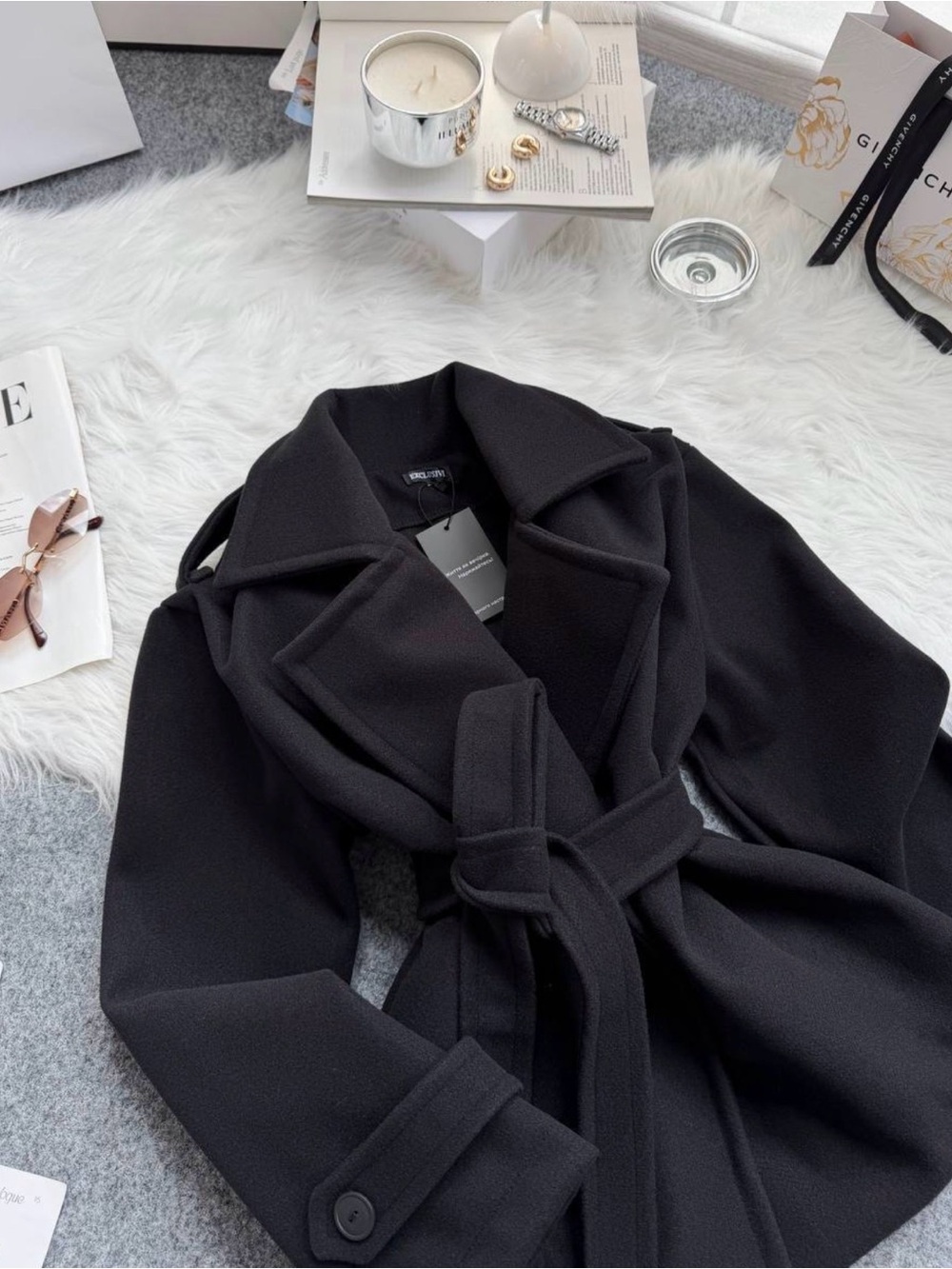 Women’s Black Belted Trench Coat — Classic Tailored Wrap